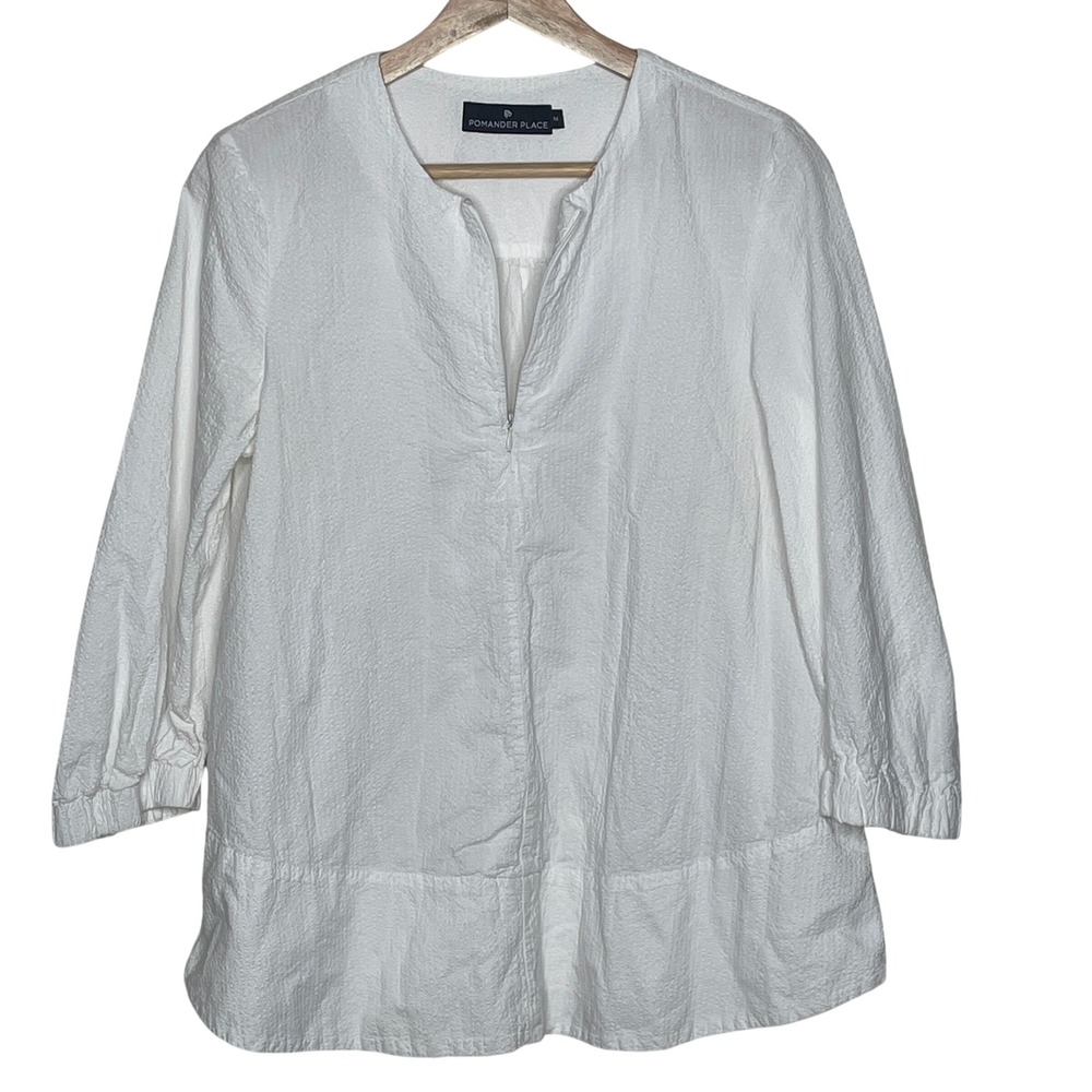 Pomander Place White Cotton Seersucker 3/4 Sleeve Zip Neck Tunic Blouse Womens M
